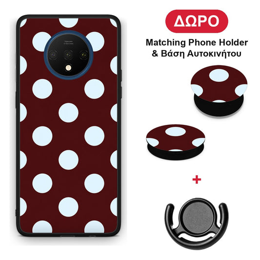 Pale Blue Large Polka Dots on Burgundy - OnePlus 7T θήκη + Δώρο Phone Holder & Βάση Αυτοκινήτου