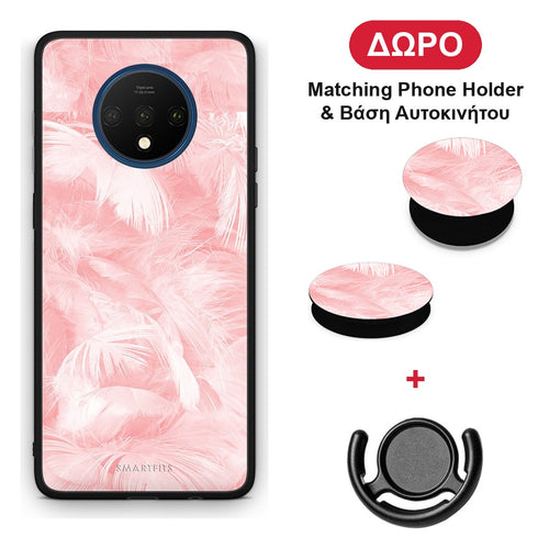 Boho Pink Feather - OnePlus 7T θήκη + Δώρο Phone Holder & Βάση Αυτοκινήτου
