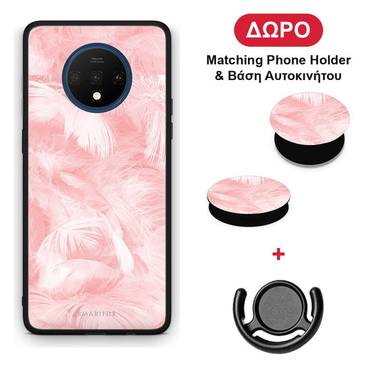 Boho Pink Feather - OnePlus 7T θήκη + Δώρο Phone Holder & Βάση Αυτοκινήτου