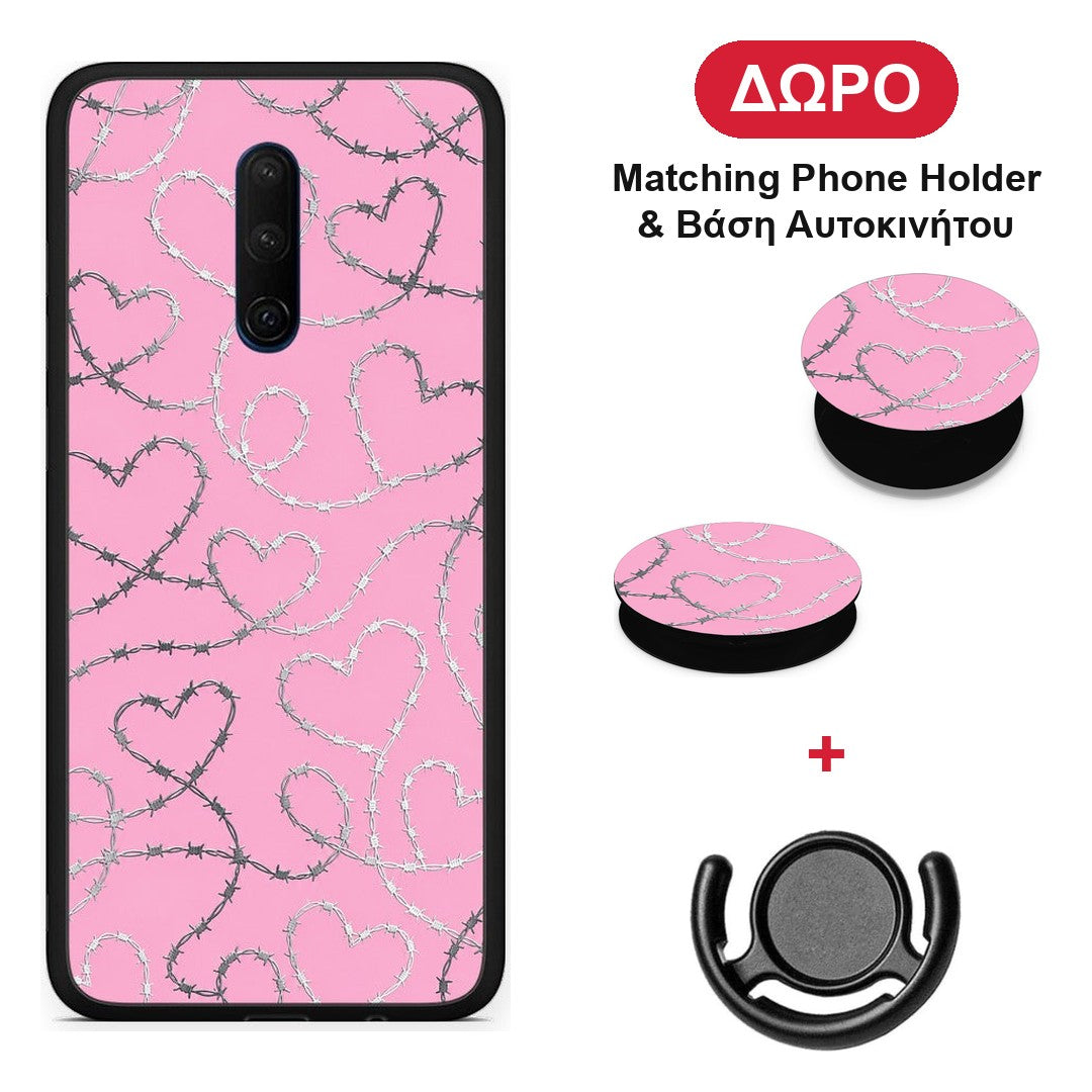 Barbed Wire Hearts on Pink - OnePlus 7T Pro θήκη + Δώρο Phone Holder & Βάση Αυτοκινήτου
