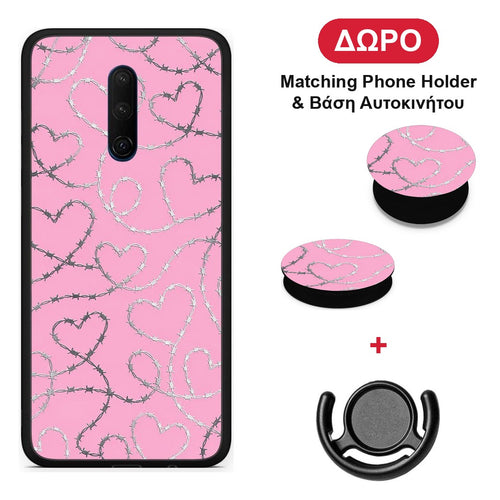 Barbed Wire Hearts on Pink - OnePlus 7T Pro θήκη + Δώρο Phone Holder & Βάση Αυτοκινήτου
