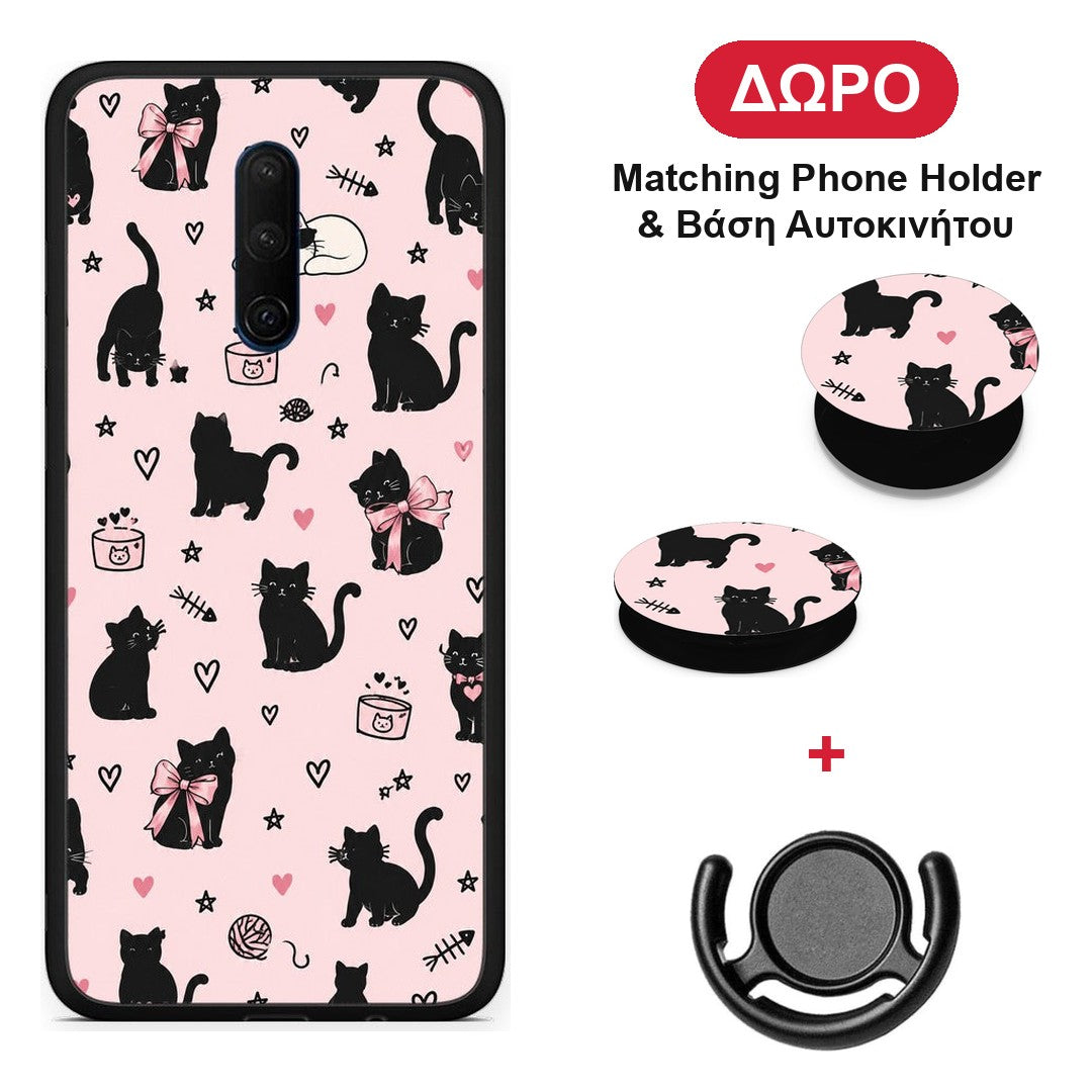 Black Cat Doodles on Pink - OnePlus 7T Pro θήκη + Δώρο Phone Holder & Βάση Αυτοκινήτου