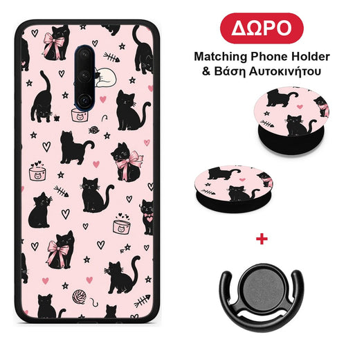 Black Cat Doodles on Pink - OnePlus 7T Pro θήκη + Δώρο Phone Holder & Βάση Αυτοκινήτου