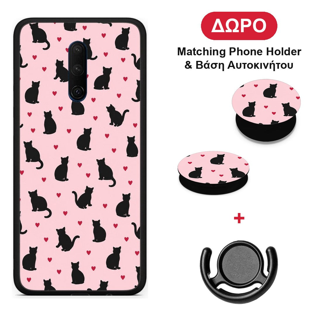 Black Cat Silhouettes and Hearts on Pink - OnePlus 7T Pro θήκη + Δώρο Phone Holder & Βάση Αυτοκινήτου