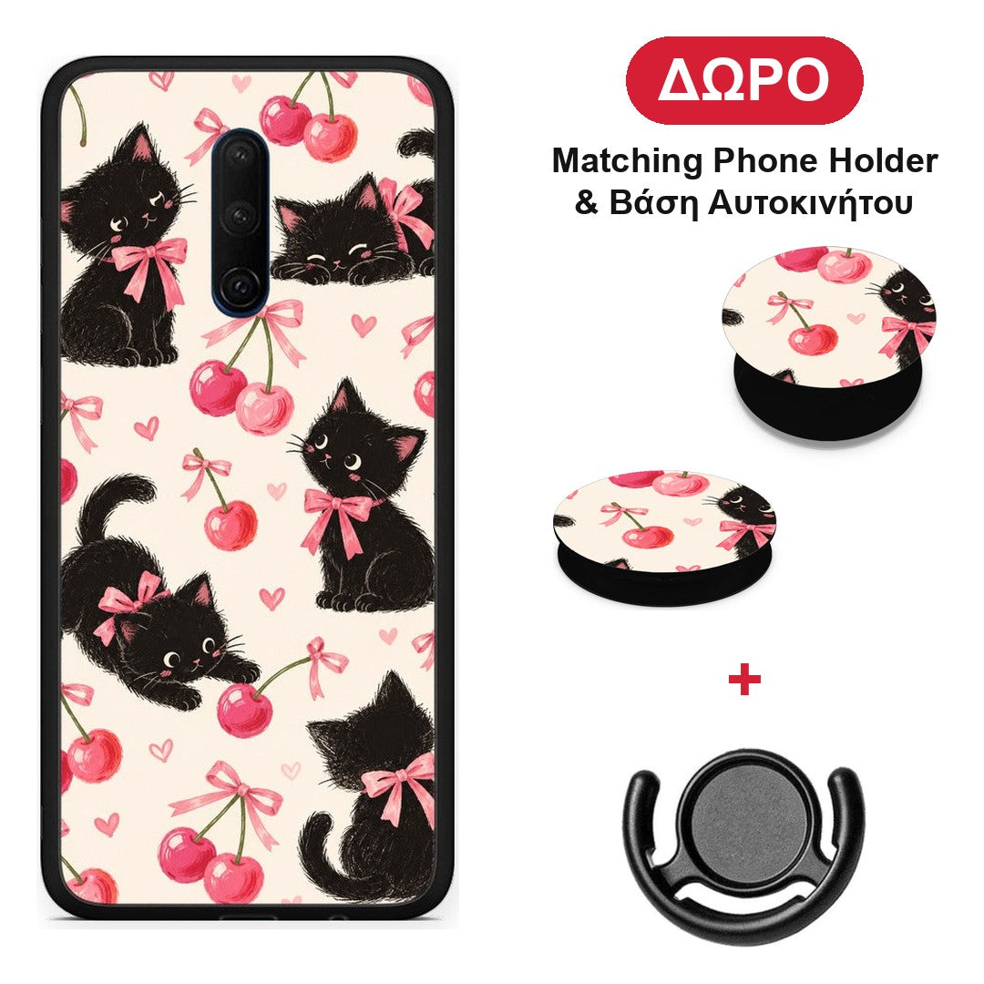Black Kittens and Cherries on Cream - OnePlus 7T Pro θήκη + Δώρο Phone Holder & Βάση Αυτοκινήτου