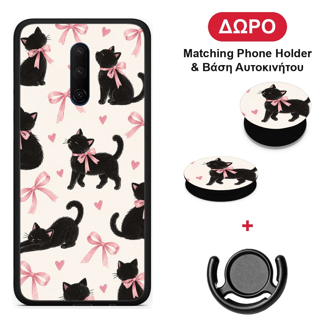 Black Kittens and Pink Bows on Cream Large - OnePlus 7T Pro θήκη + Δώρο Phone Holder & Βάση Αυτοκινήτου