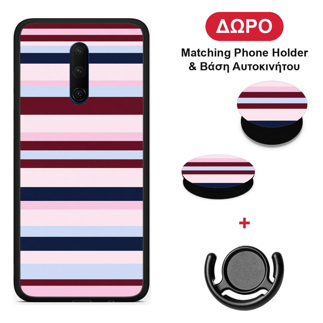 Burgundy Pink and Blue Horizontal Stripes - OnePlus 7T Pro θήκη + Δώρο Phone Holder & Βάση Αυτοκινήτου