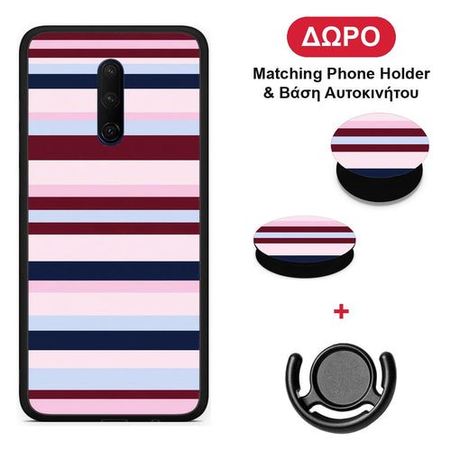 Burgundy Pink and Blue Horizontal Stripes - OnePlus 7T Pro θήκη + Δώρο Phone Holder & Βάση Αυτοκινήτου