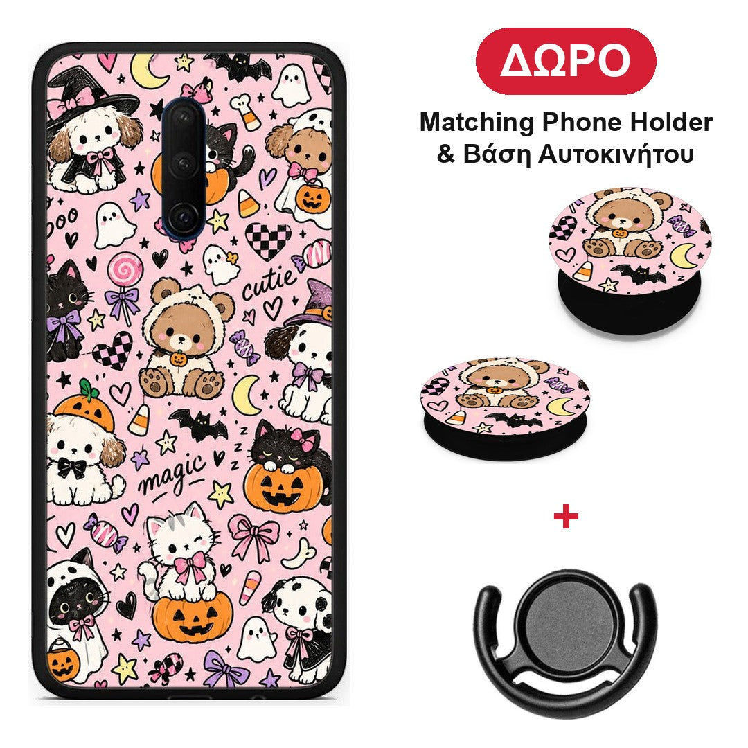 Halloween Cute Animals on Pink - OnePlus 7T Pro θήκη + Δώρο Phone Holder & Βάση Αυτοκινήτου