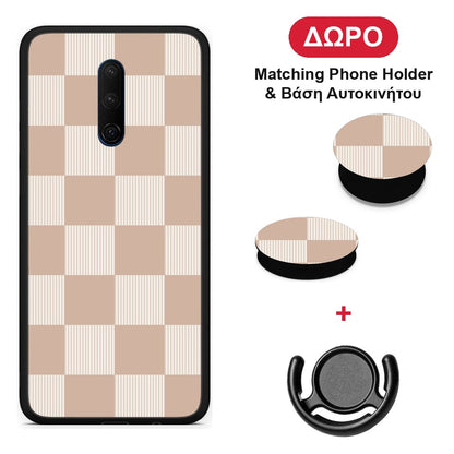 Latte and Cream Striped Checks - OnePlus 7T Pro θήκη + Δώρο Phone Holder & Βάση Αυτοκινήτου