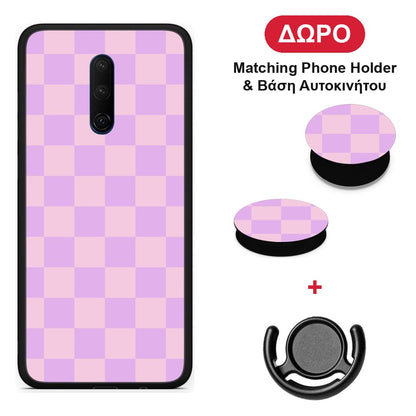 Lavender and Pink Checkerboard - OnePlus 7T Pro θήκη + Δώρο Phone Holder & Βάση Αυτοκινήτου