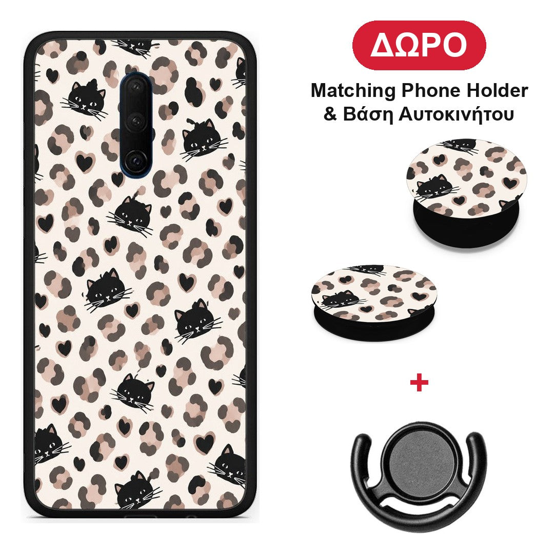Leopard Spots and Black Cats on Cream - OnePlus 7T Pro θήκη + Δώρο Phone Holder & Βάση Αυτοκινήτου