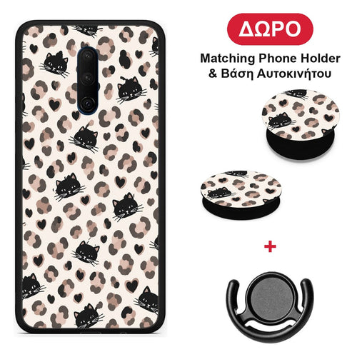 Leopard Spots and Black Cats on Cream - OnePlus 7T Pro θήκη + Δώρο Phone Holder & Βάση Αυτοκινήτου