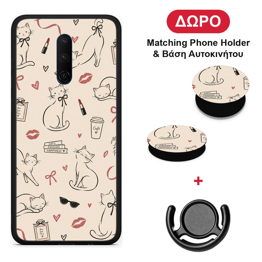 Minimal Cat and Fashion Doodles on Cream - OnePlus 7T Pro θήκη + Δώρο Phone Holder & Βάση Αυτοκινήτου