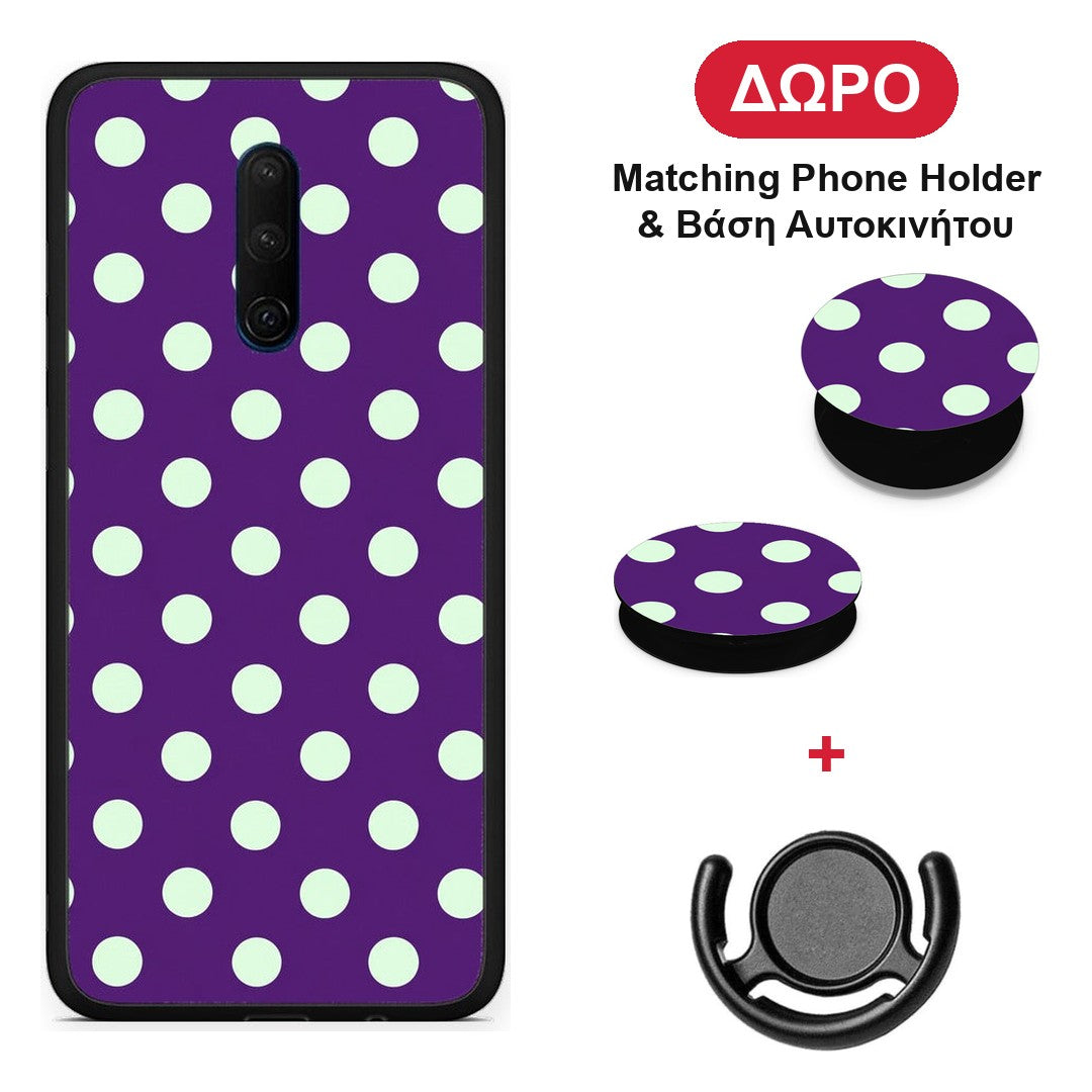 Mint Polka Dots on Purple - OnePlus 7T Pro θήκη + Δώρο Phone Holder & Βάση Αυτοκινήτου