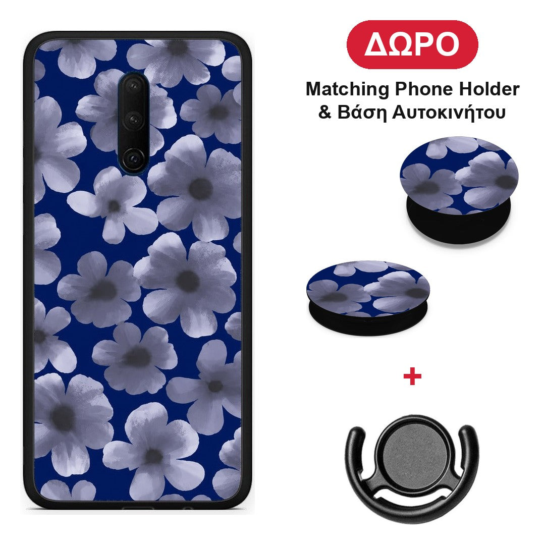 Pale Blue Flowers on Navy - OnePlus 7T Pro θήκη + Δώρο Phone Holder & Βάση Αυτοκινήτου