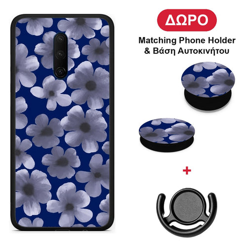 Pale Blue Flowers on Navy - OnePlus 7T Pro θήκη + Δώρο Phone Holder & Βάση Αυτοκινήτου