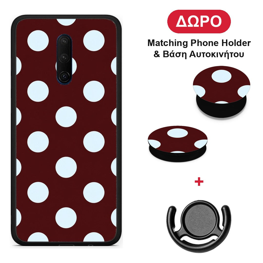 Pale Blue Large Polka Dots on Burgundy - OnePlus 7T Pro θήκη + Δώρο Phone Holder & Βάση Αυτοκινήτου