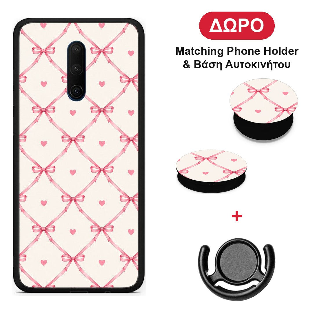 Pink Bow Lattice and Hearts on Cream - OnePlus 7T Pro θήκη + Δώρο Phone Holder & Βάση Αυτοκινήτου