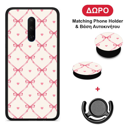 Pink Bow Lattice and Hearts on Cream - OnePlus 7T Pro θήκη + Δώρο Phone Holder & Βάση Αυτοκινήτου