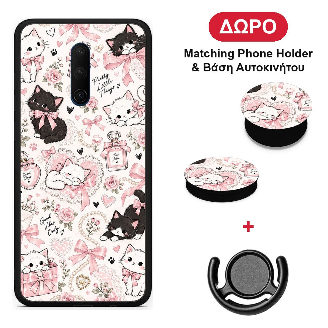 Pink Bows and Kittens Collage - OnePlus 7T Pro θήκη + Δώρο Phone Holder & Βάση Αυτοκινήτου