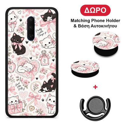 Pink Bows and Kittens Collage - OnePlus 7T Pro θήκη + Δώρο Phone Holder & Βάση Αυτοκινήτου