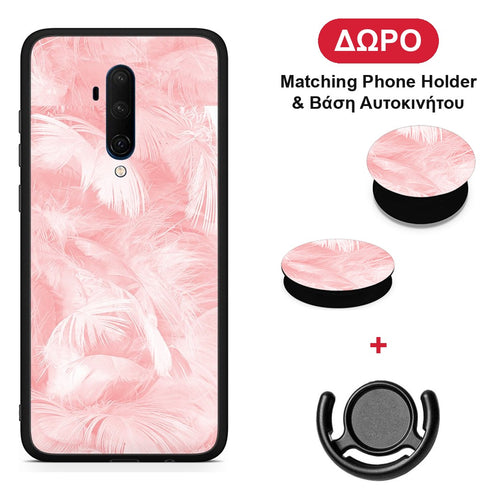 Boho Pink Feather - OnePlus 7T Pro θήκη + Δώρο Phone Holder & Βάση Αυτοκινήτου