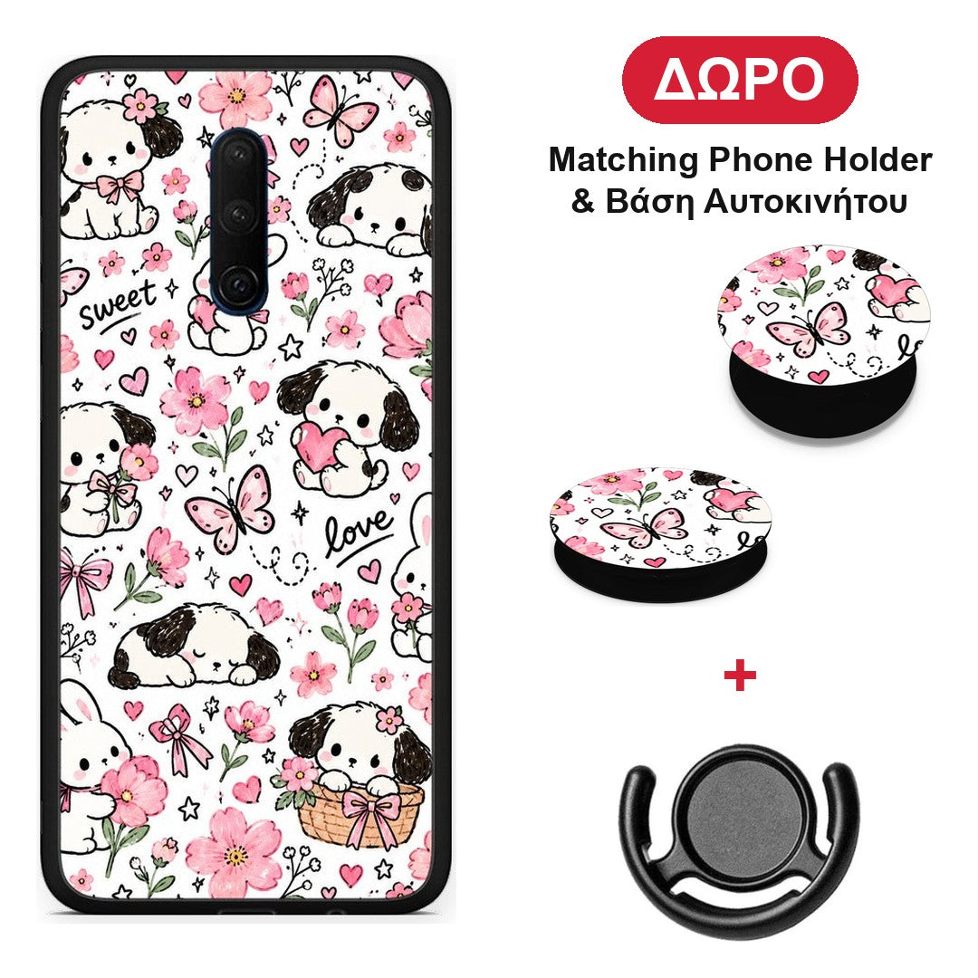 Pink Florals Puppies and Bunnies on White - OnePlus 7T Pro θήκη + Δώρο Phone Holder & Βάση Αυτοκινήτου