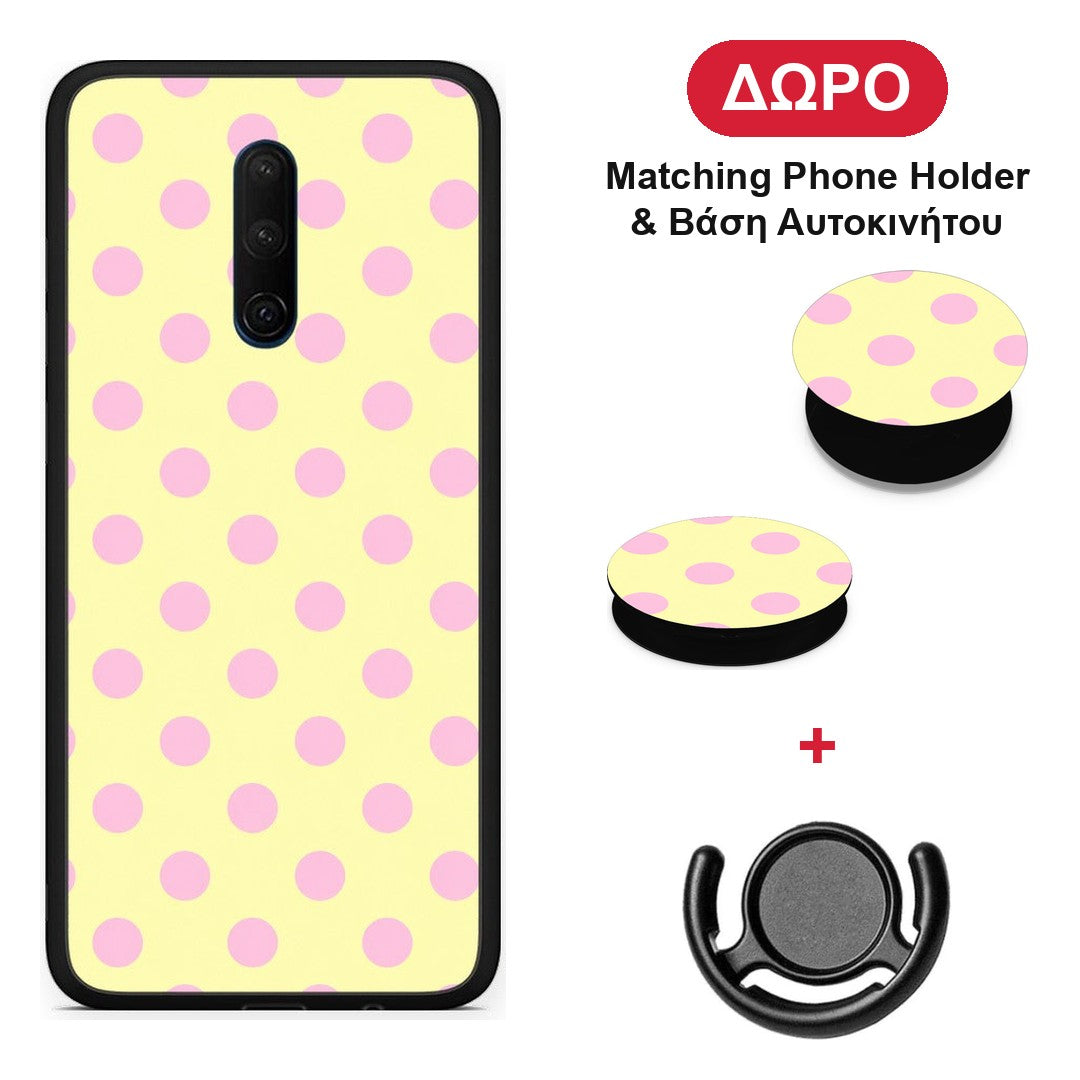 Pink Polka Dots on Yellow - OnePlus 7T Pro θήκη + Δώρο Phone Holder & Βάση Αυτοκινήτου