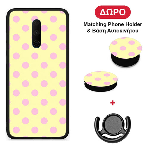 Pink Polka Dots on Yellow - OnePlus 7T Pro θήκη + Δώρο Phone Holder & Βάση Αυτοκινήτου