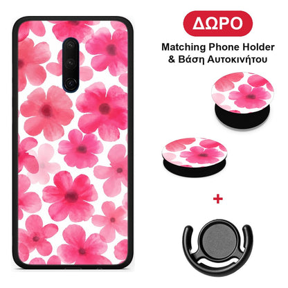 Pink Watercolour Flowers on White - OnePlus 7T Pro θήκη + Δώρο Phone Holder & Βάση Αυτοκινήτου