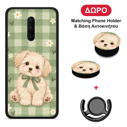 Puppy and Daisies on Sage Gingham - OnePlus 7T Pro θήκη + Δώρο Phone Holder & Βάση Αυτοκινήτου