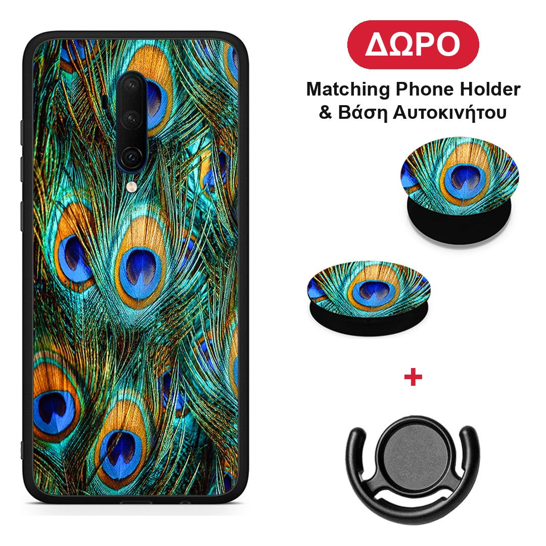 Real Peacock Feathers - OnePlus 7T Pro θήκη + Δώρο Phone Holder & Βάση Αυτοκινήτου