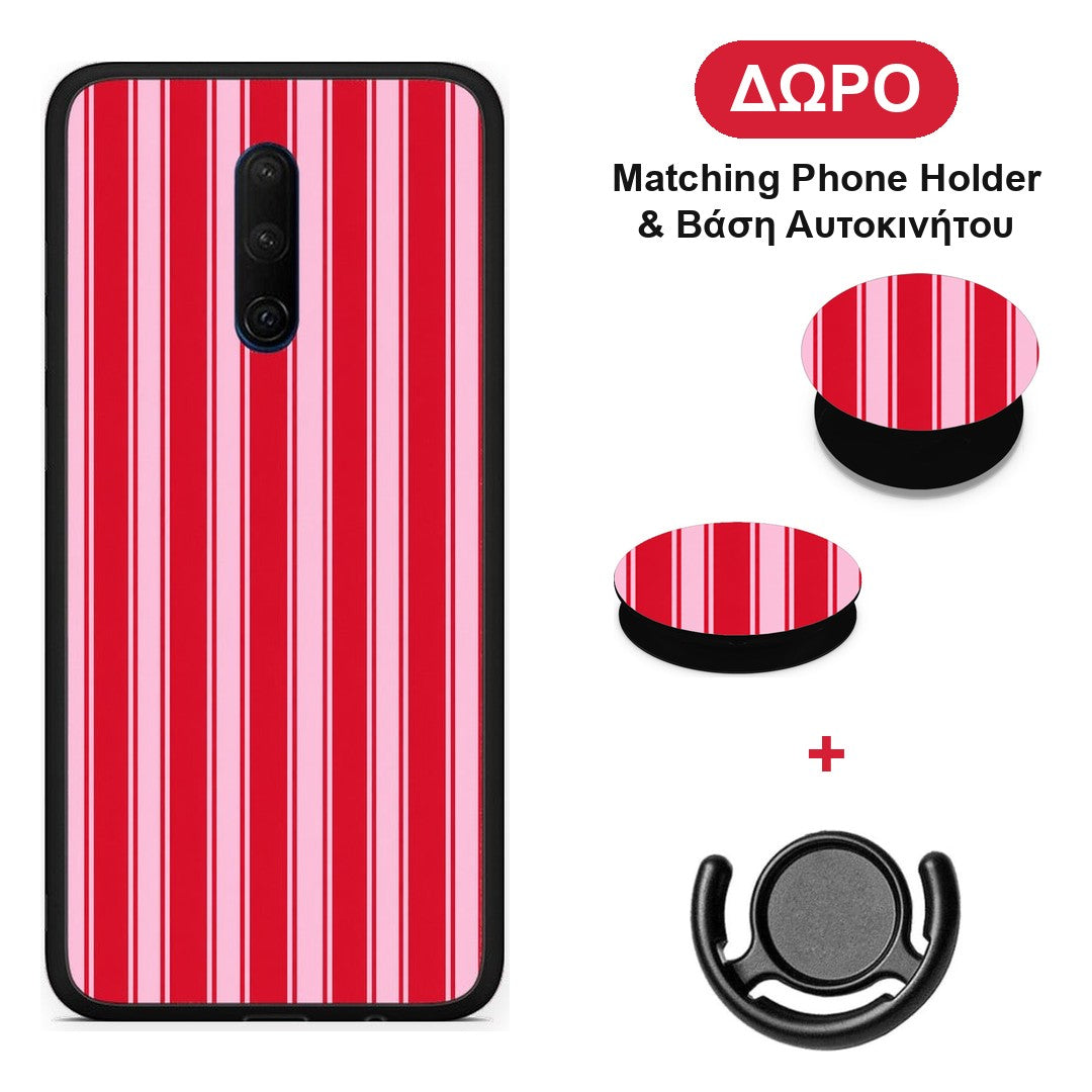 Red and Pink Vertical Pinstripes - OnePlus 7T Pro θήκη + Δώρο Phone Holder & Βάση Αυτοκινήτου
