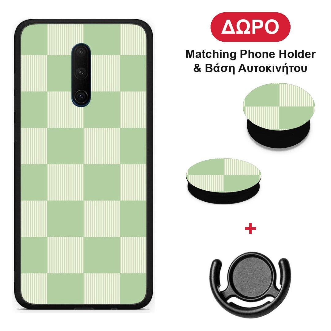 Sage and Cream Striped Checks - OnePlus 7T Pro θήκη + Δώρο Phone Holder & Βάση Αυτοκινήτου
