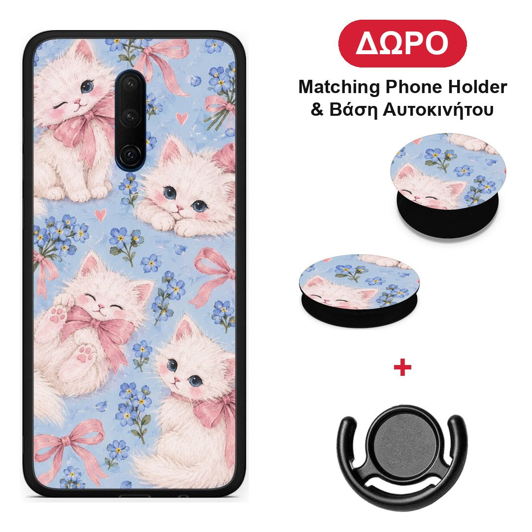 White Kittens and Blue Flowers Large - OnePlus 7T Pro θήκη + Δώρο Phone Holder & Βάση Αυτοκινήτου