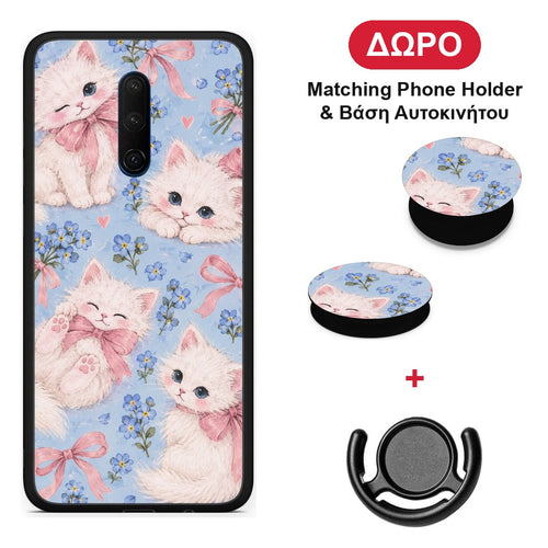 White Kittens and Blue Flowers Large - OnePlus 7T Pro θήκη + Δώρο Phone Holder & Βάση Αυτοκινήτου