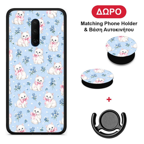 White Kittens and Blue Flowers Small - OnePlus 7T Pro θήκη + Δώρο Phone Holder & Βάση Αυτοκινήτου