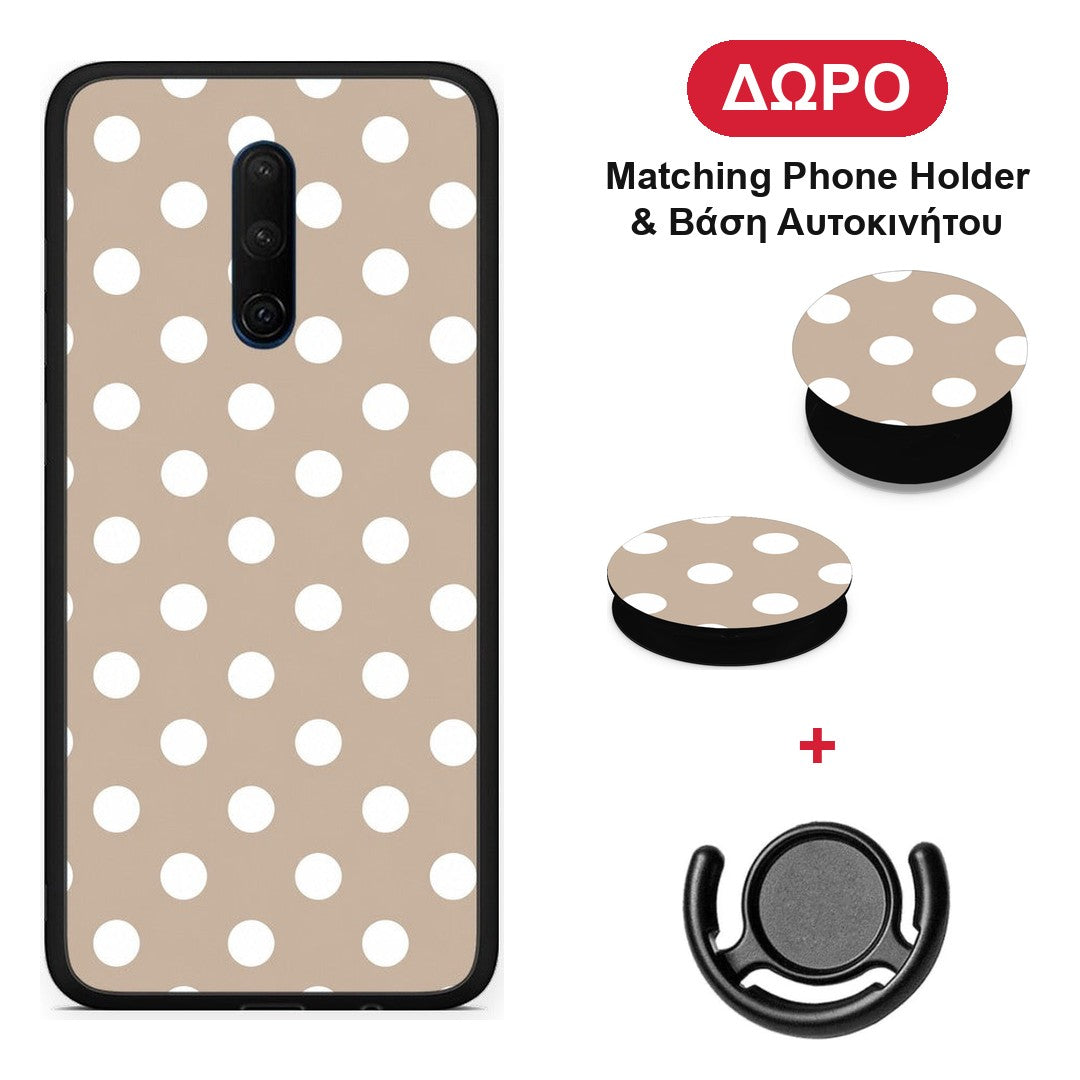 White Polka Dots on Taupe - OnePlus 7T Pro θήκη + Δώρο Phone Holder & Βάση Αυτοκινήτου