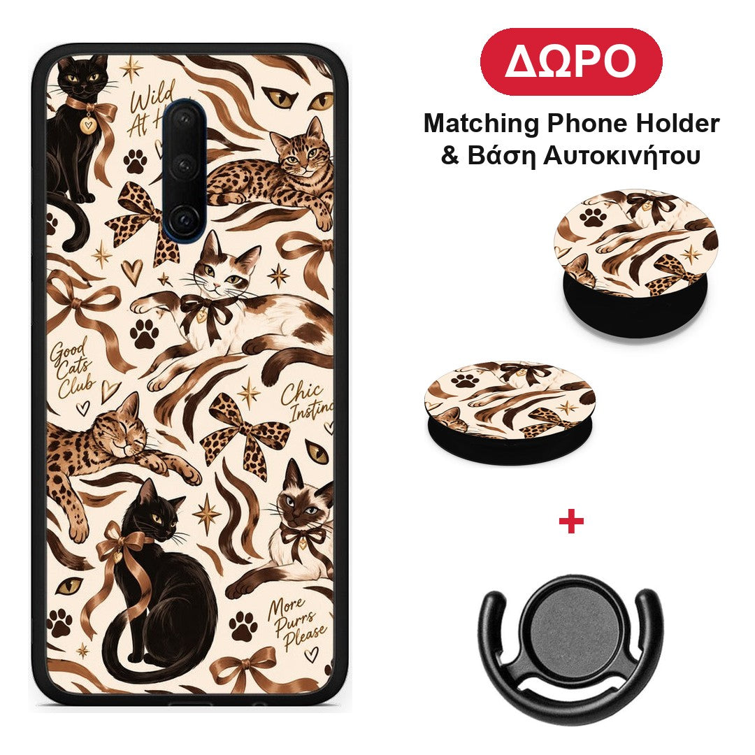Wild Cats and Animal Print Collage - OnePlus 7T Pro θήκη + Δώρο Phone Holder & Βάση Αυτοκινήτου