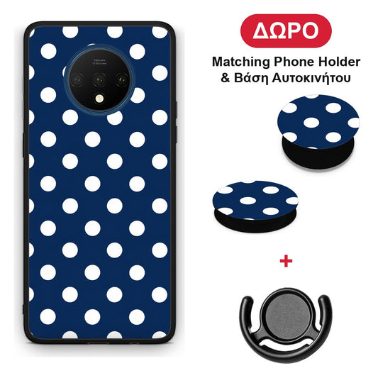 White Large Polka Dots on Navy - OnePlus 7T θήκη + Δώρο Phone Holder & Βάση Αυτοκινήτου