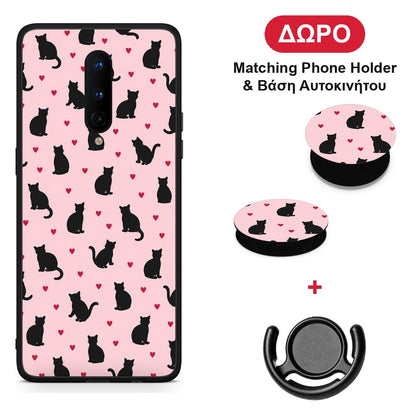 Black Cat Silhouettes and Hearts on Pink - OnePlus 8 θήκη + Δώρο Phone Holder & Βάση Αυτοκινήτου