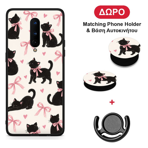 Black Kittens and Pink Bows on Cream Large - OnePlus 8 θήκη + Δώρο Phone Holder & Βάση Αυτοκινήτου