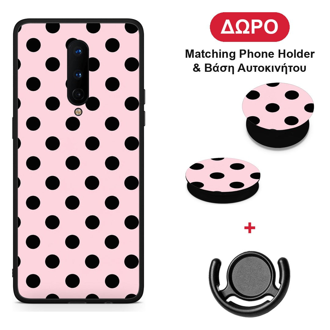 Black Polka Dots on Pink - OnePlus 8 θήκη + Δώρο Phone Holder & Βάση Αυτοκινήτου