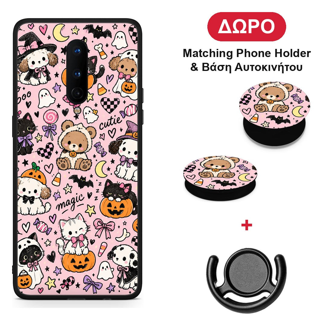 Halloween Cute Animals on Pink - OnePlus 8 θήκη + Δώρο Phone Holder & Βάση Αυτοκινήτου