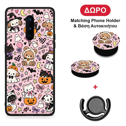 Halloween Cute Animals on Pink - OnePlus 8 θήκη + Δώρο Phone Holder & Βάση Αυτοκινήτου