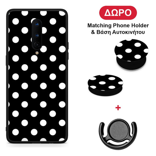 White Polka Dots on Black - OnePlus 8 θήκη + Δώρο Phone Holder & Βάση Αυτοκινήτου