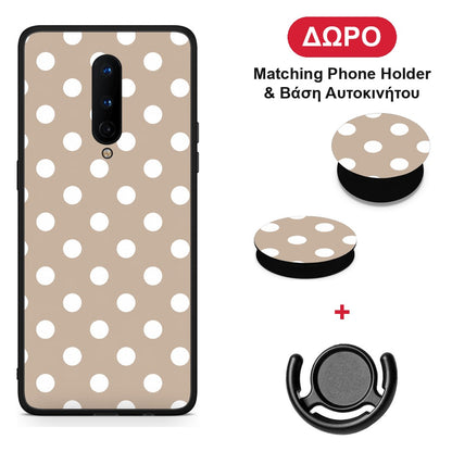 White Polka Dots on Taupe - OnePlus 8 θήκη + Δώρο Phone Holder & Βάση Αυτοκινήτου