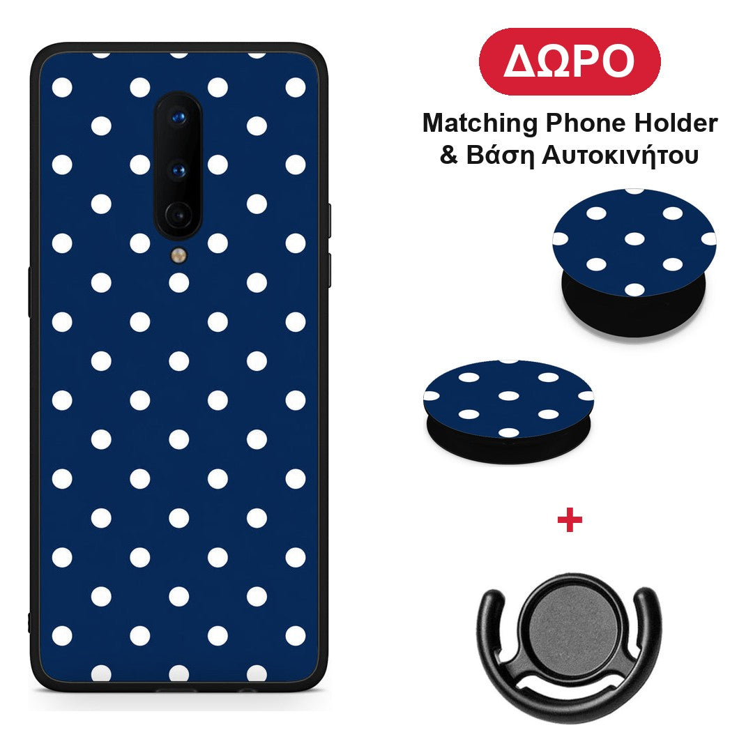 White Small Polka Dots on Navy - OnePlus 8 θήκη + Δώρο Phone Holder & Βάση Αυτοκινήτου