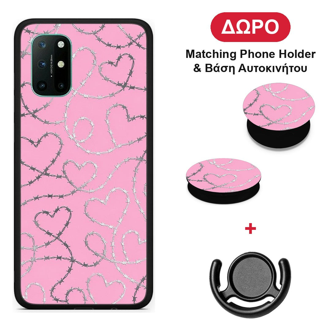 Barbed Wire Hearts on Pink - OnePlus 8T θήκη + Δώρο Phone Holder & Βάση Αυτοκινήτου